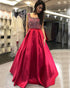 Gorgeous Red Satin Prom Dresses with Beadings Square Neckline Long Prom Party Gowns